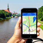 **

A person cycling along the Vistula River in Warsaw, Poland, using a smartphone navigation app. The app displays an interactive map with a recommended bike route, highlighting green spaces and avoiding crowded city streets. Focus on the cyclist's enjoyment of the scenic route and the contrast between nature and the urban landscape.

**