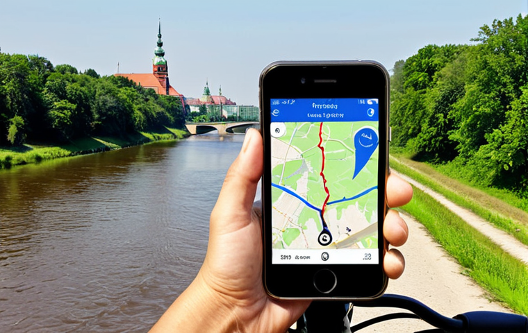 **

A person cycling along the Vistula River in Warsaw, Poland, using a smartphone navigation app. The app displays an interactive map with a recommended bike route, highlighting green spaces and avoiding crowded city streets. Focus on the cyclist's enjoyment of the scenic route and the contrast between nature and the urban landscape.

**