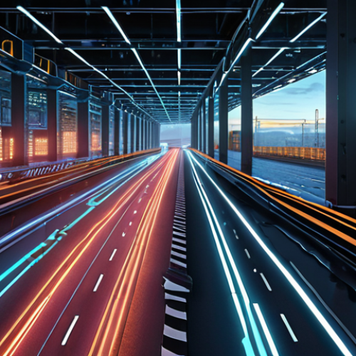 Home 25 "A futuristic cityscape at dusk, where smart traffic flows seamlessly through multi-layered roads, controlled by glowing, dynamic AI-powered traffic lights. In the foreground, an ultra-modern automated warehouse operates with robots precisely navigating and optimizing storage, highlighted by a network of luminous data paths. The entire scene is overlaid with subtle holographic interfaces displaying real-time urban data and logistics metrics, symbolizing the pervasive efficiency of spatial AI. High-tech, interconnected, clean architectural lines."