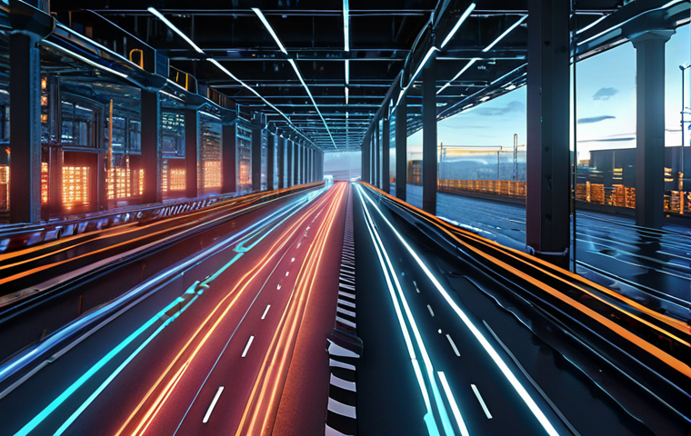 "A futuristic cityscape at dusk, where smart traffic flows seamlessly through multi-layered roads, controlled by glowing, dynamic AI-powered traffic lights. In the foreground, an ultra-modern automated warehouse operates with robots precisely navigating and optimizing storage, highlighted by a network of luminous data paths. The entire scene is overlaid with subtle holographic interfaces displaying real-time urban data and logistics metrics, symbolizing the pervasive efficiency of spatial AI. High-tech, interconnected, clean architectural lines."