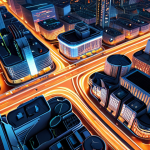**
A high-angle, sweeping view of a futuristic yet realistic European smart city at night. The cityscape is illuminated with intelligent traffic flows represented by dynamic light trails on roads, and glowing grids indicating optimized energy distribution and predicted urban growth zones. Data streams and holographic projections subtly overlay the architecture, symbolizing advanced spatial predictive AI at work, creating an incredibly efficient and interconnected urban environment. Detailed, high-resolution, sci-fi concept art, vibrant, future-proof.

**