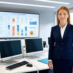 AI 기술을 활용한 공간 운영 최적화 - Modern Office Efficiency**

"A bright, modern office space with a businesswoman in a professional bu...