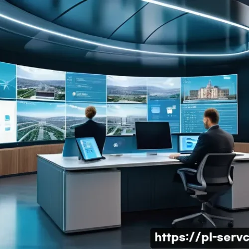 공간 AI 서비스의 경제적 이점 - A futuristic Polish city hall interior showing a diverse group of city officials using AI-powered di...