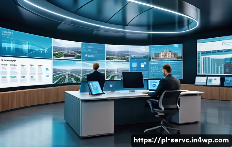 공간 AI 서비스의 경제적 이점 - A futuristic Polish city hall interior showing a diverse group of city officials using AI-powered di...