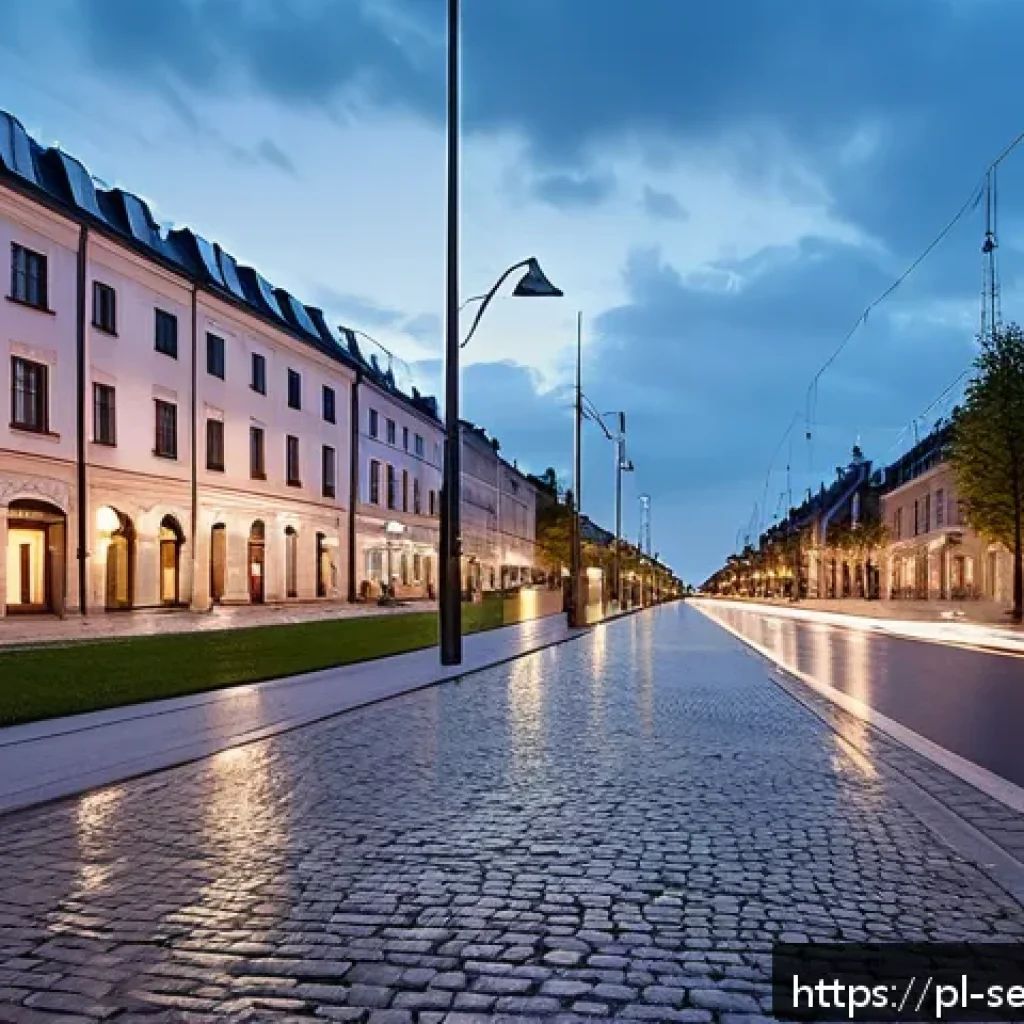 공간 AI 서비스의 비용 효과 분석 - A modern Polish city street at dusk featuring intelligent street lighting systems in operation: slee...