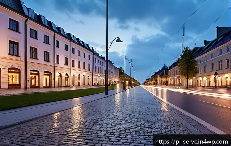 공간 AI 서비스의 비용 효과 분석 - A modern Polish city street at dusk featuring intelligent street lighting systems in operation: slee...